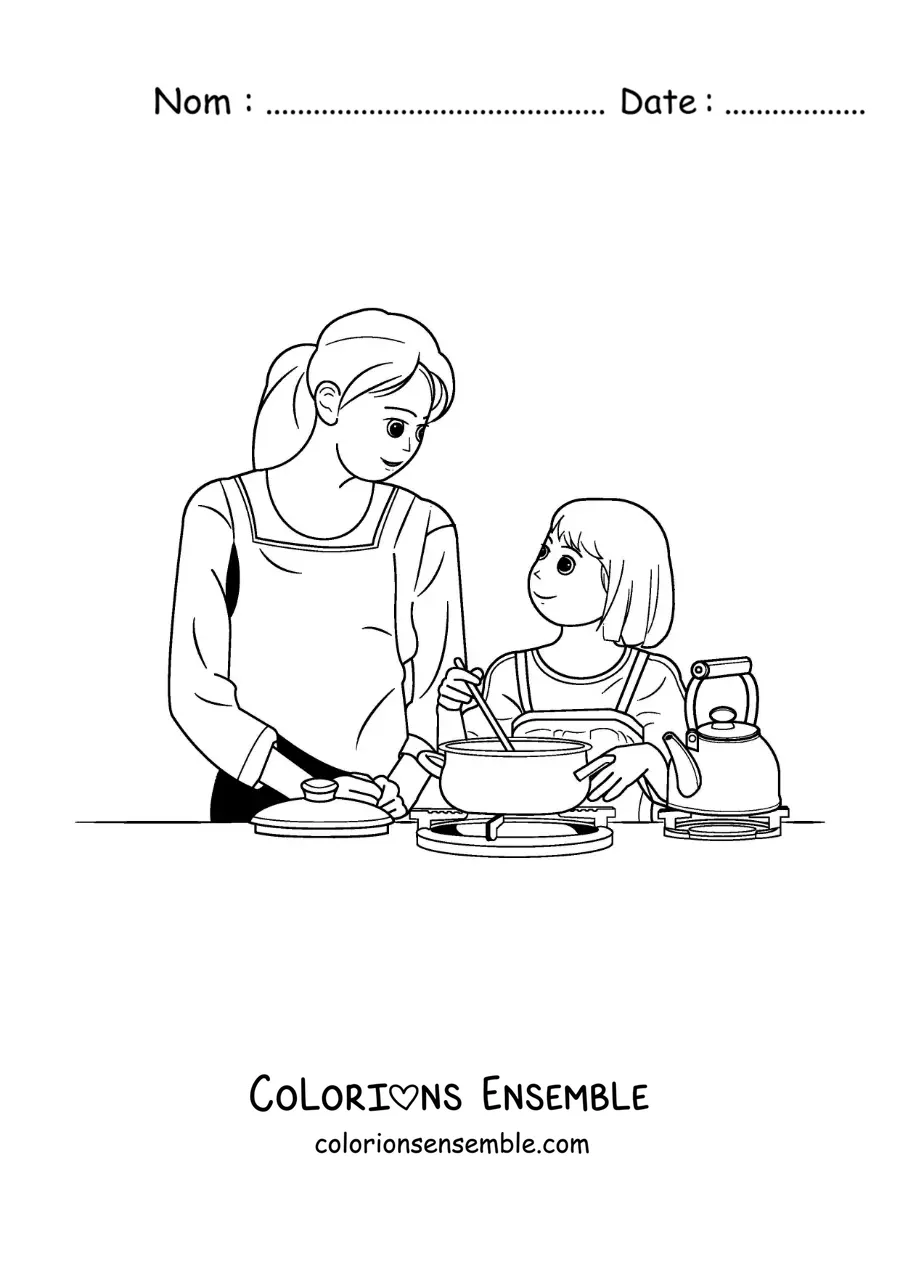 Image à colorier d'une fille aidant sa mère à cuisiner