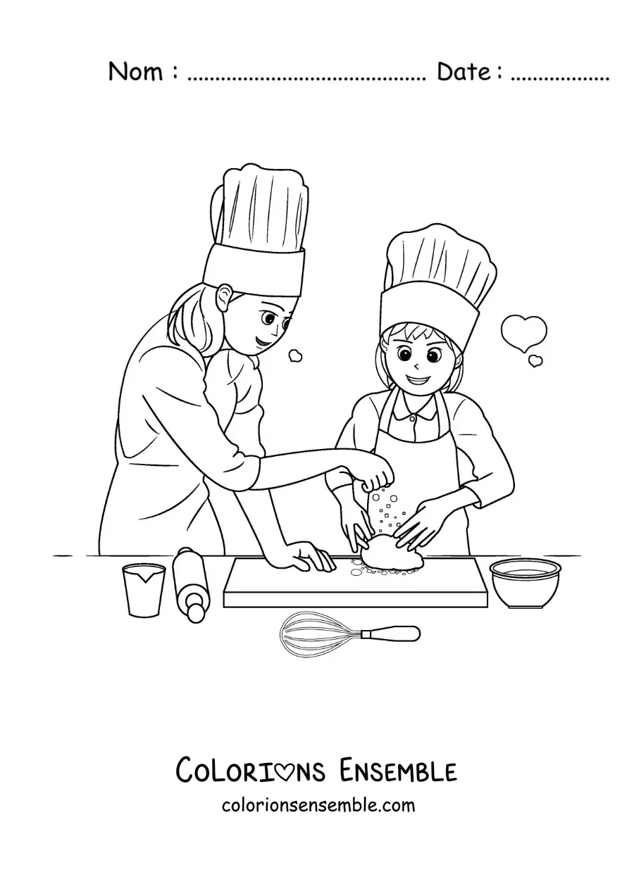Image à colorier d'une mère aidant sa fille à préparer un dessert