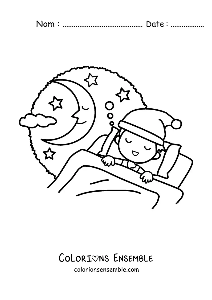Image à colorier d'un garçon qui dort avec la Lune qui sourit
