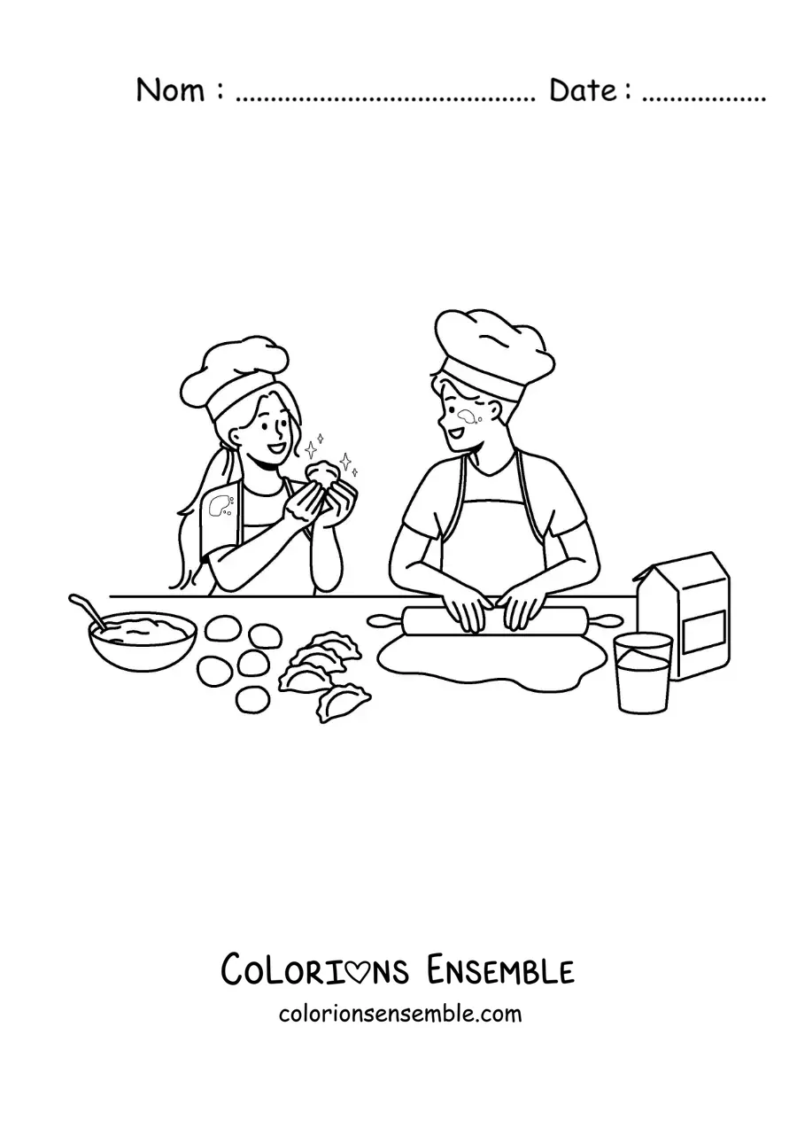 Image à colorier d'un couple préparant des empanadas
