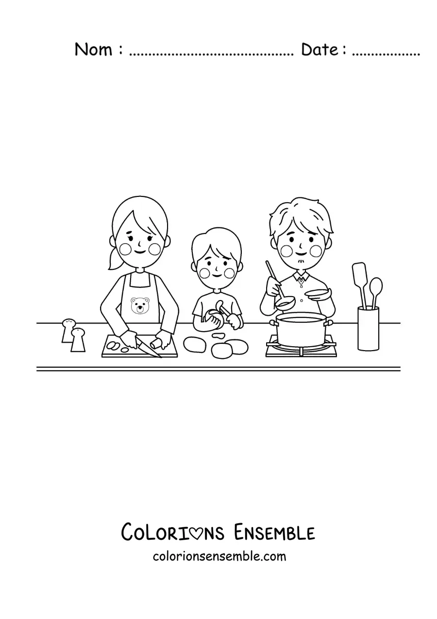 Image à colorier d'une famille kawaii cuisinant à la maison