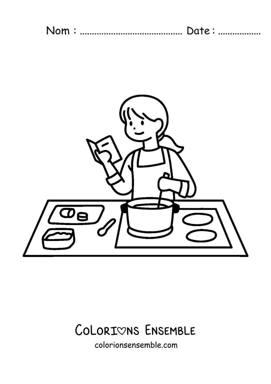 Image à colorier d'une femme suivant une recette de cuisine