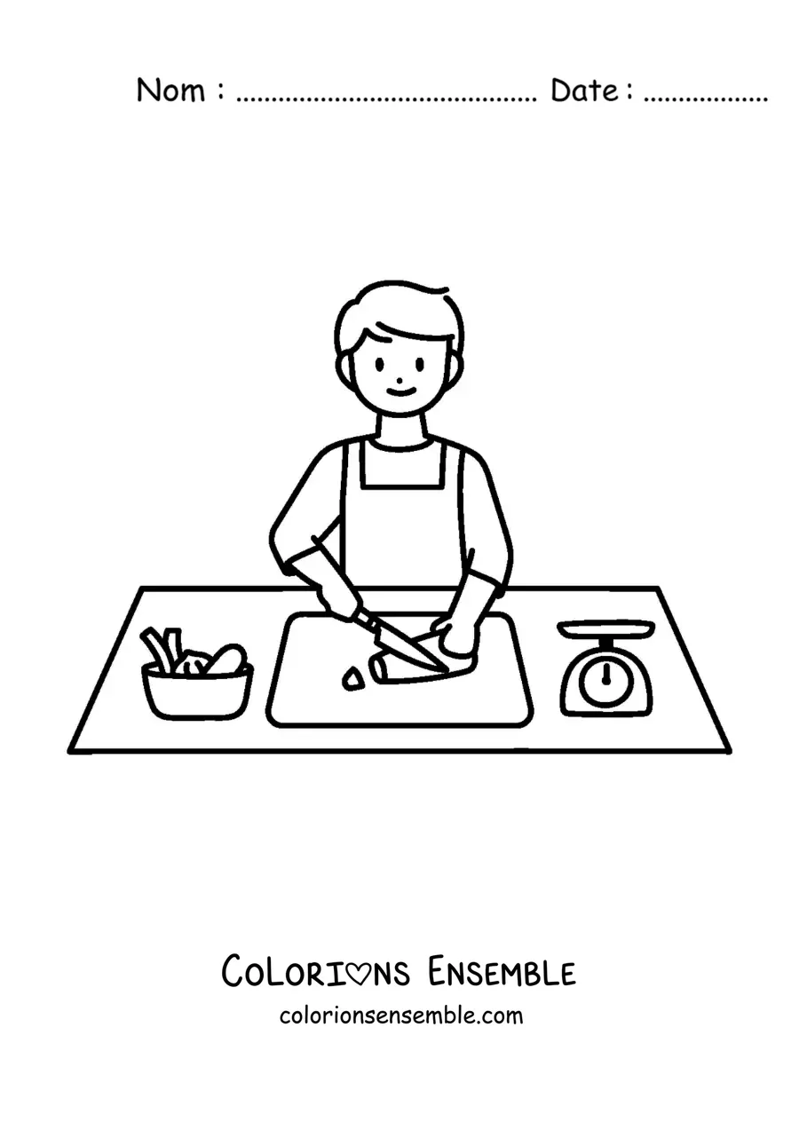 Image à colorier d'un homme coupant des légumes dans la cuisine