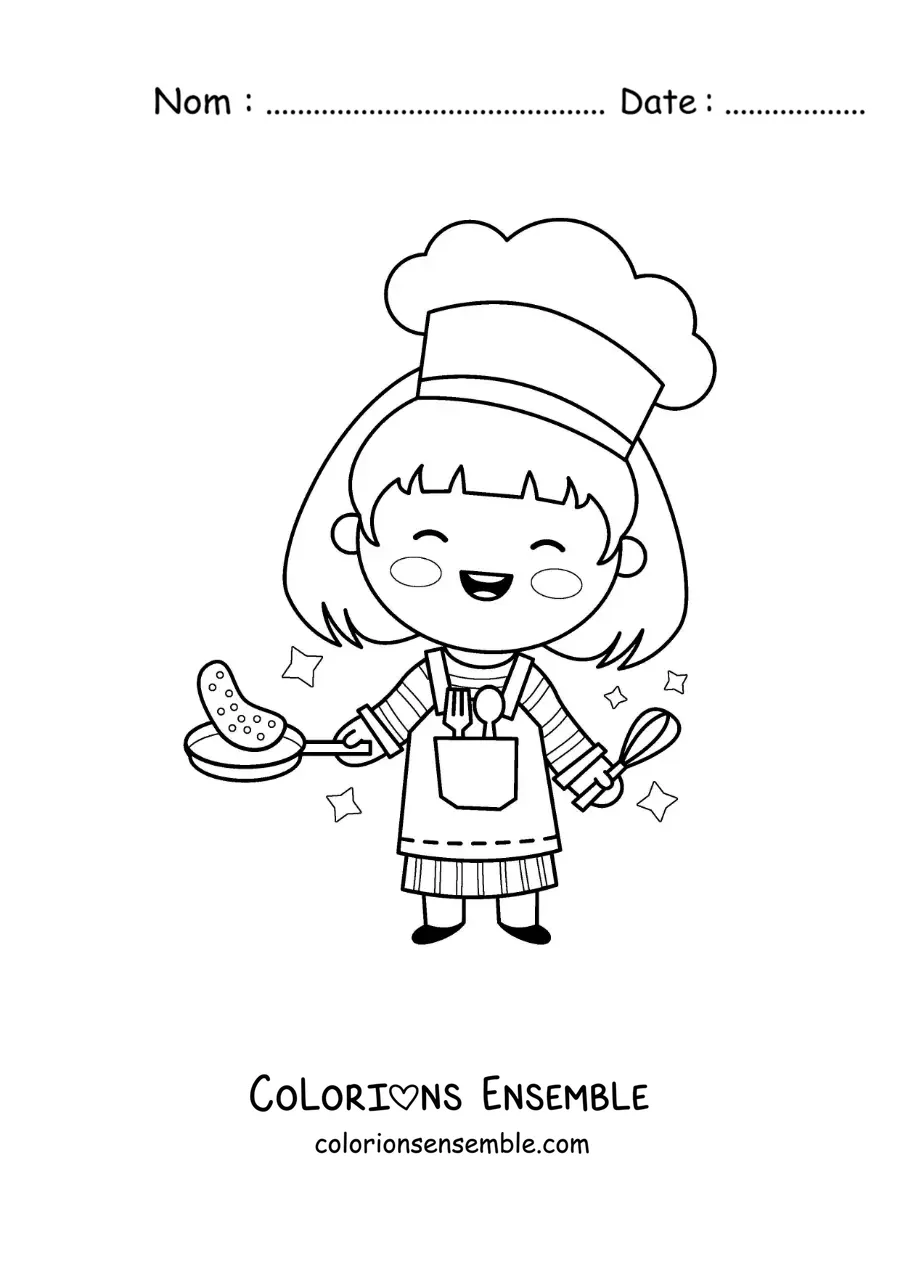 Image à colorier d'une fille kawaii préparant une omelette
