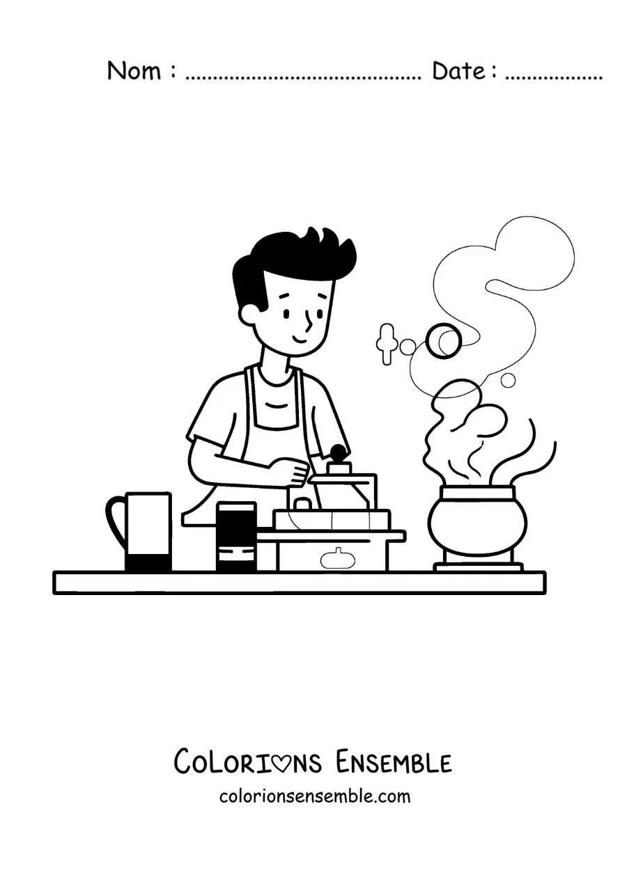 Image à colorier d'un homme cuisinant à la maison