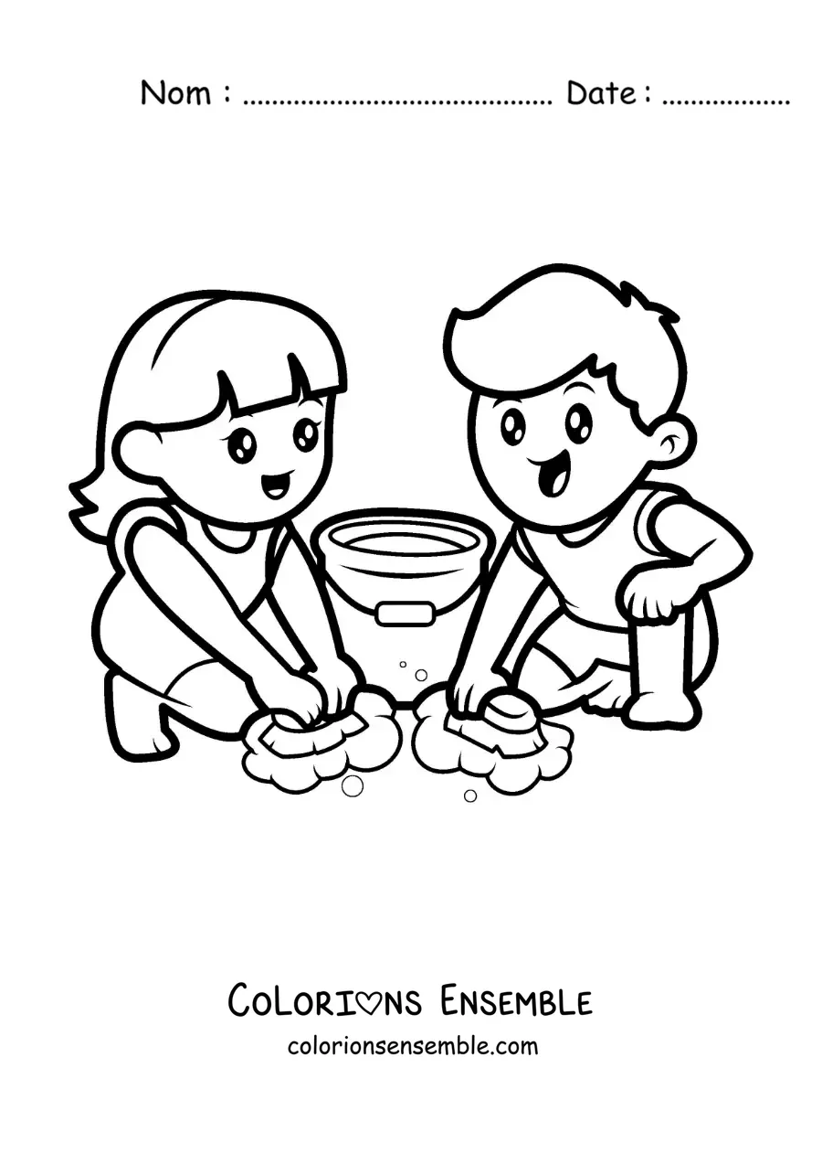 Image à colorier de deux enfants kawaii lavant le sol à la maison