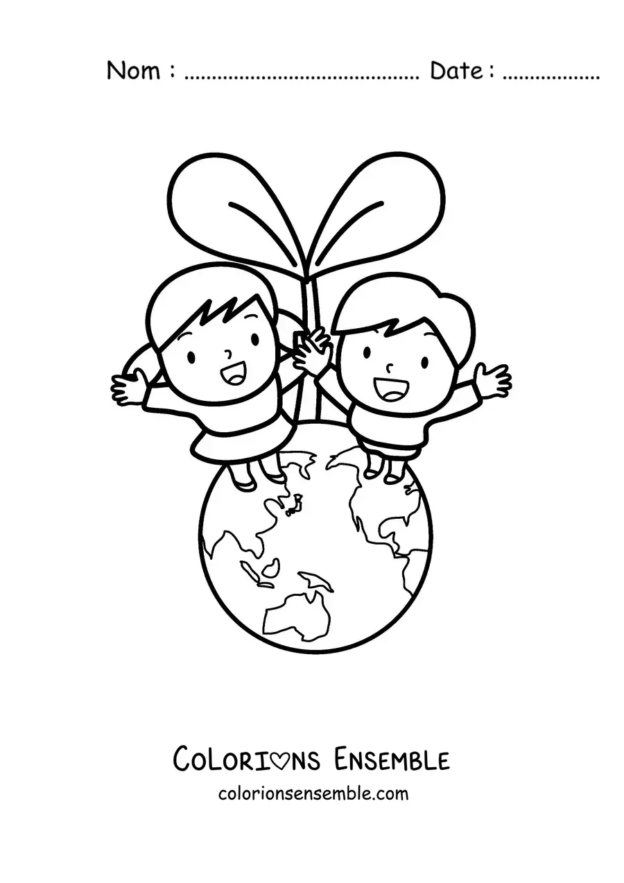 Image à colorier de deux enfants qui prennent soin de la planète