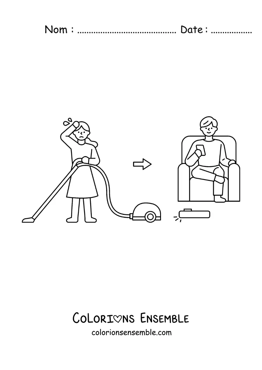 Image à colorier d'une femme passant l'aspirateur dans la maison face à un homme avec un robot aspirateur