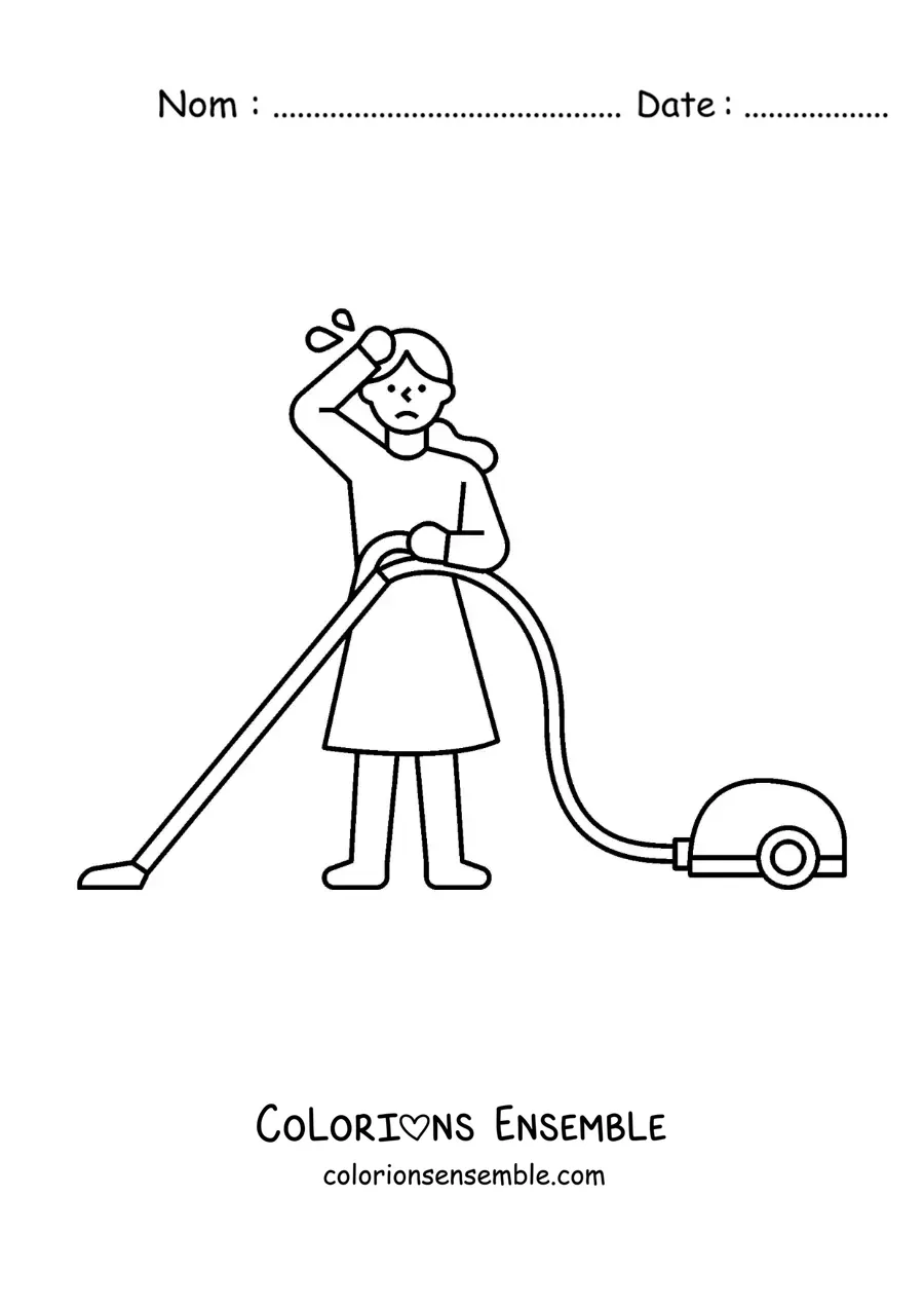 Image à colorier d'une femme épuisée d'avoir passé l'aspirateur sur le sol