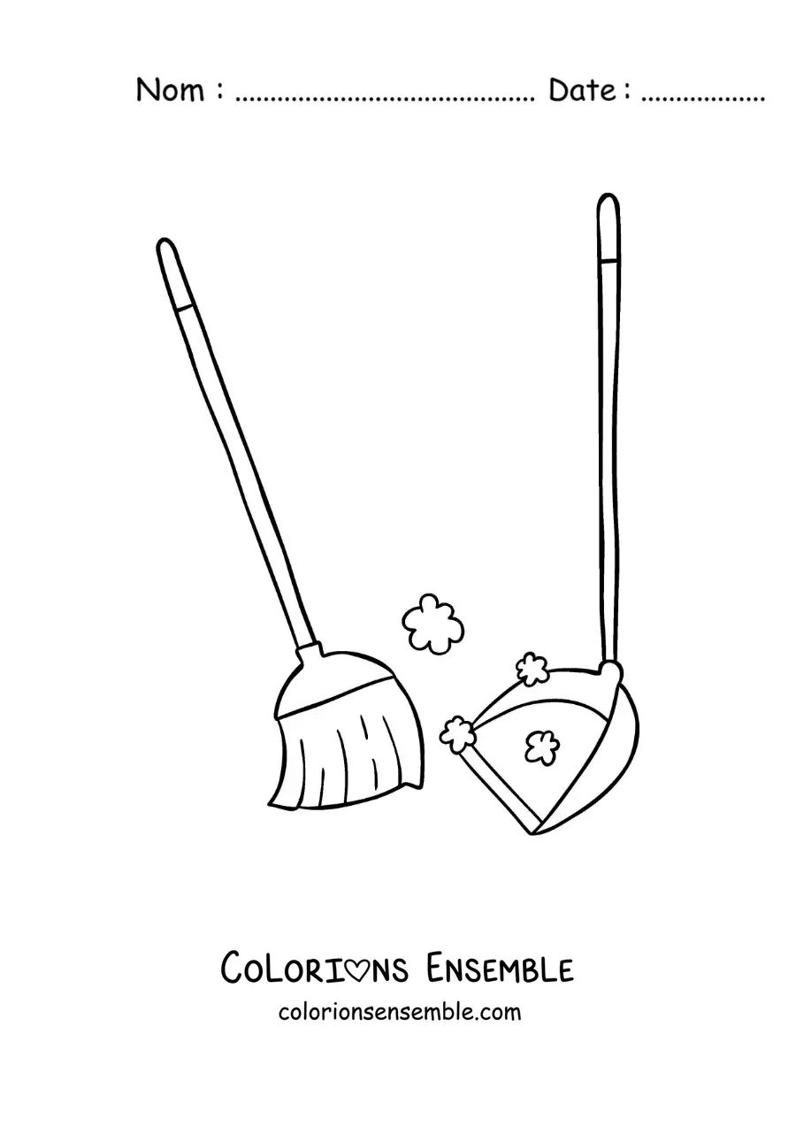 Image à colorier d'un balai balayant la poussière et d'une pelle