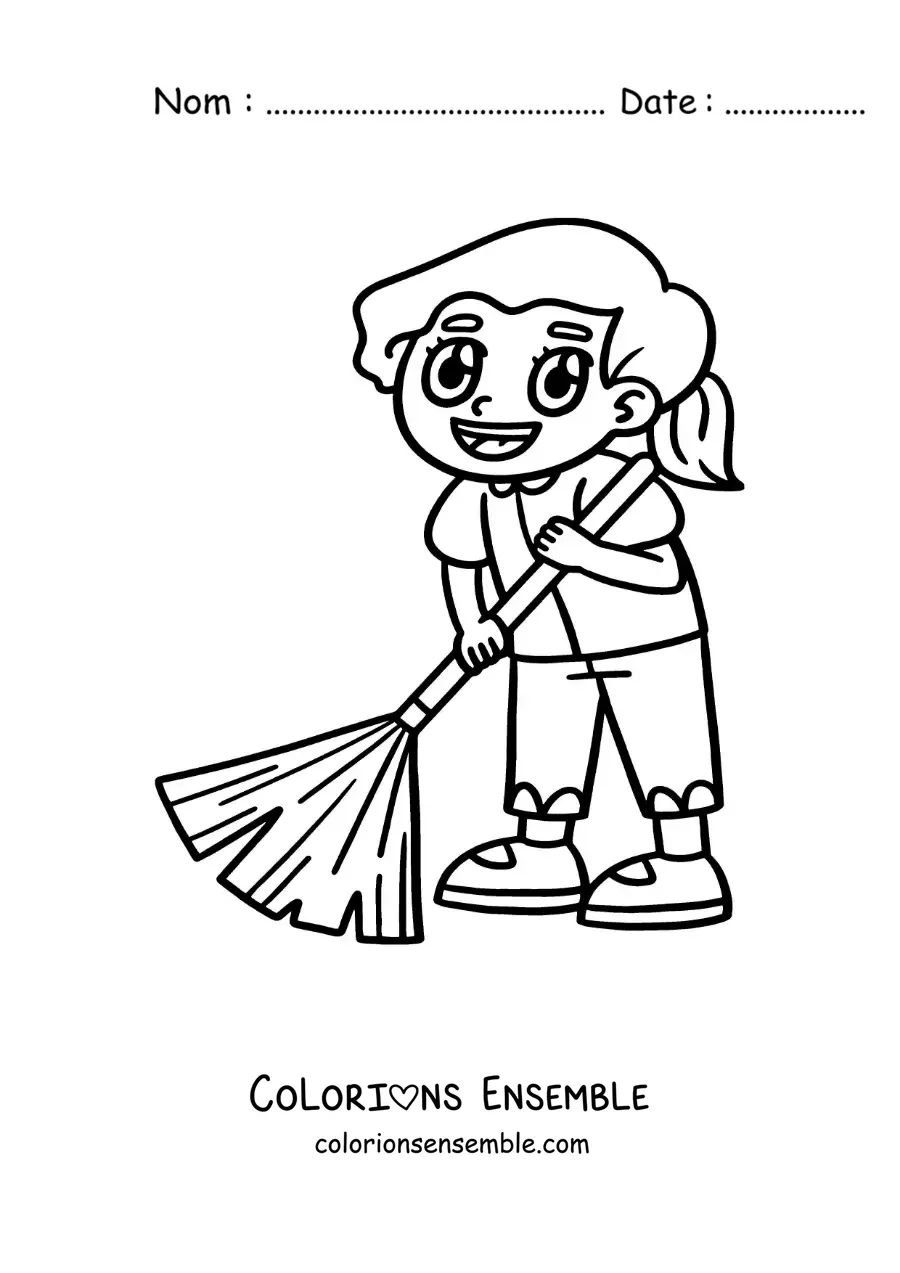 Image à colorier d'une fille kawaii aidant à balayer à la maison