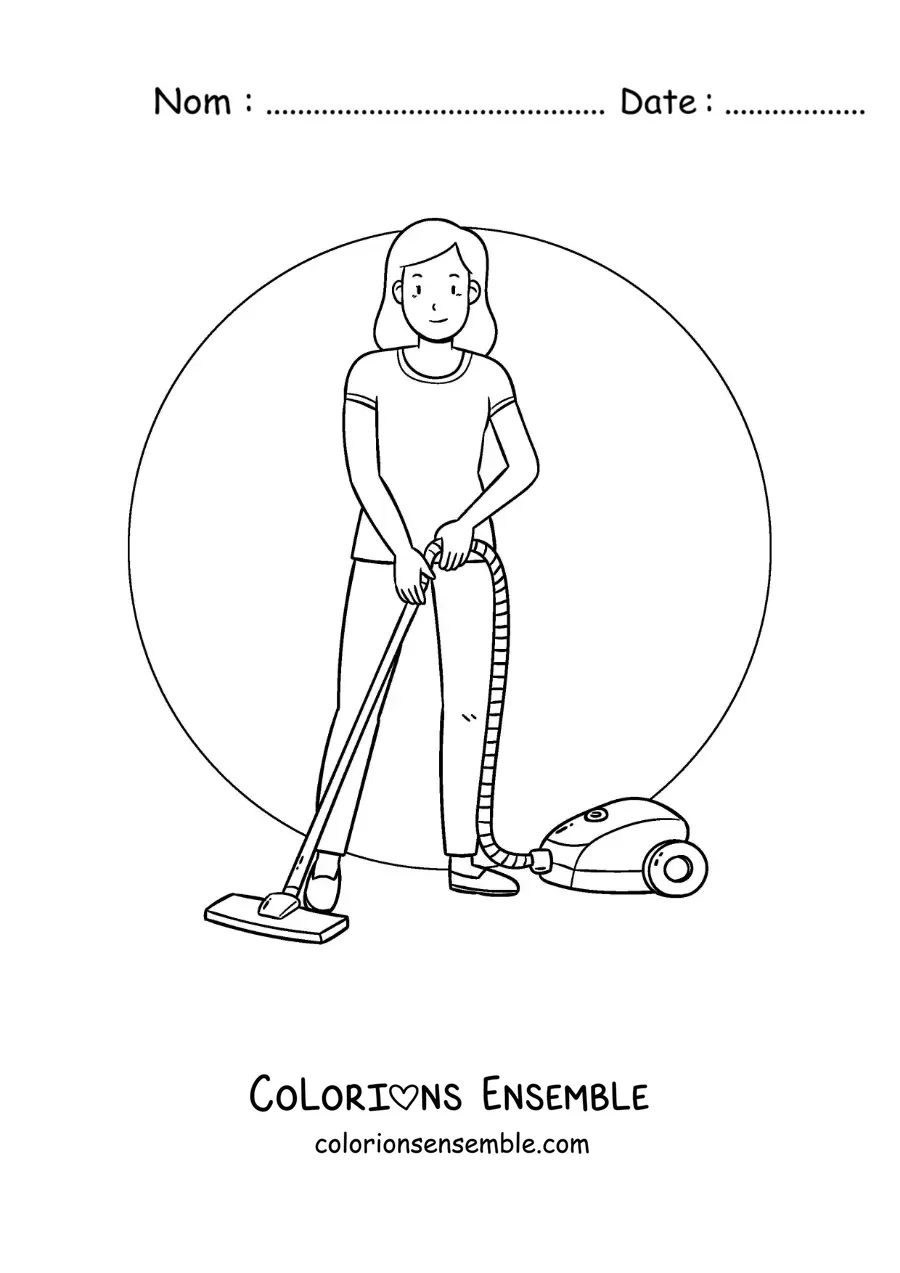Image à colorier d'une mère passant l'aspirateur à la maison