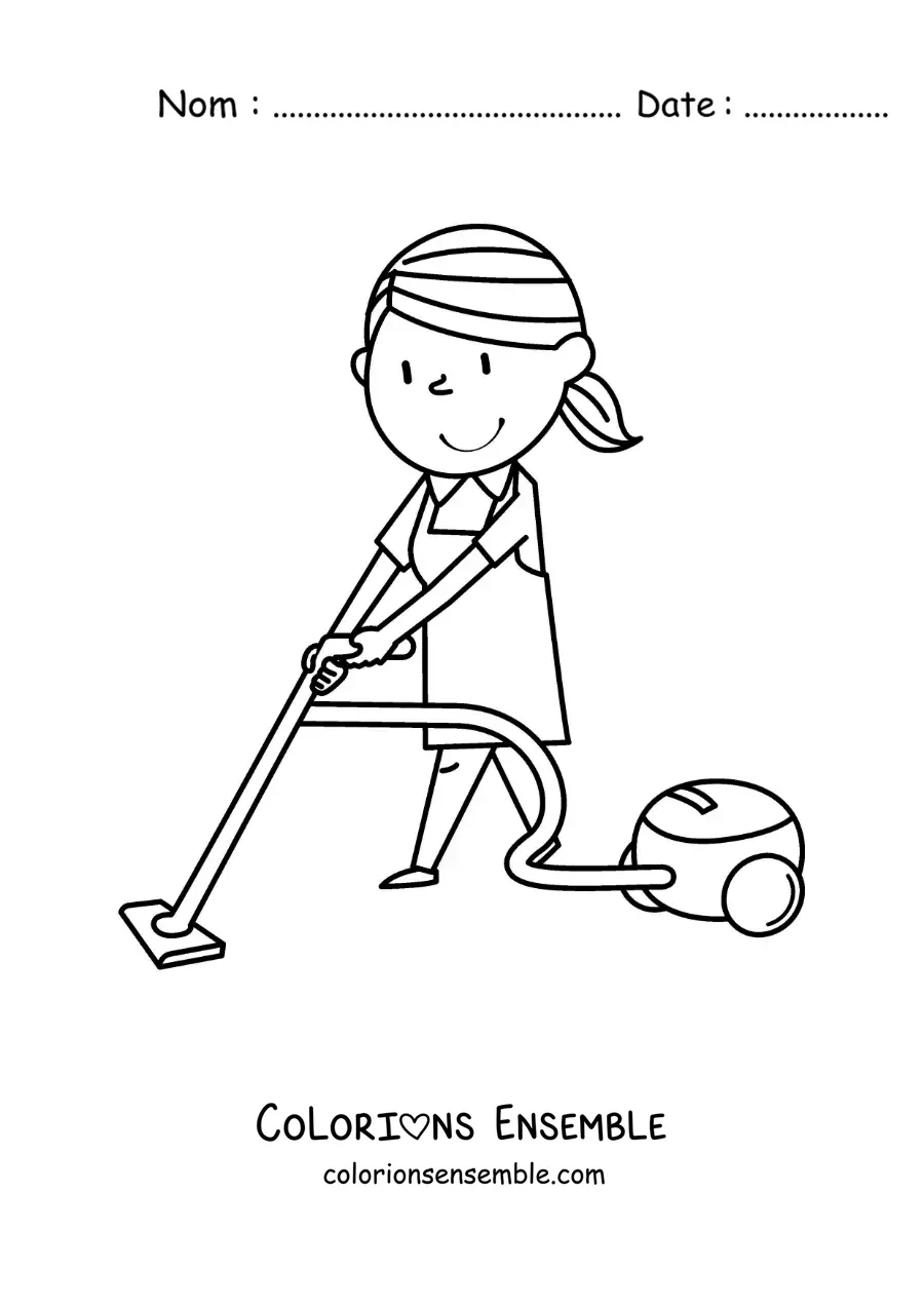 Image à colorier d'une femme animée passant l'aspirateur sur le sol