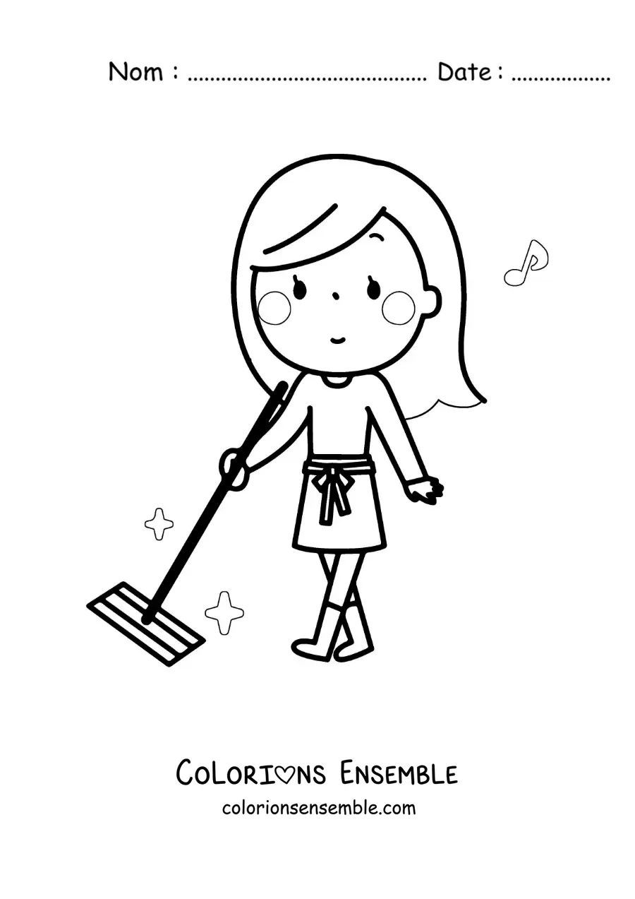 Image à colorier d'une femme kawaii nettoyant le sol avec une serpillière