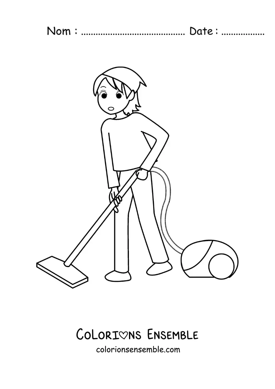 Image à colorier d'une jeune femme passant l'aspirateur sur le sol