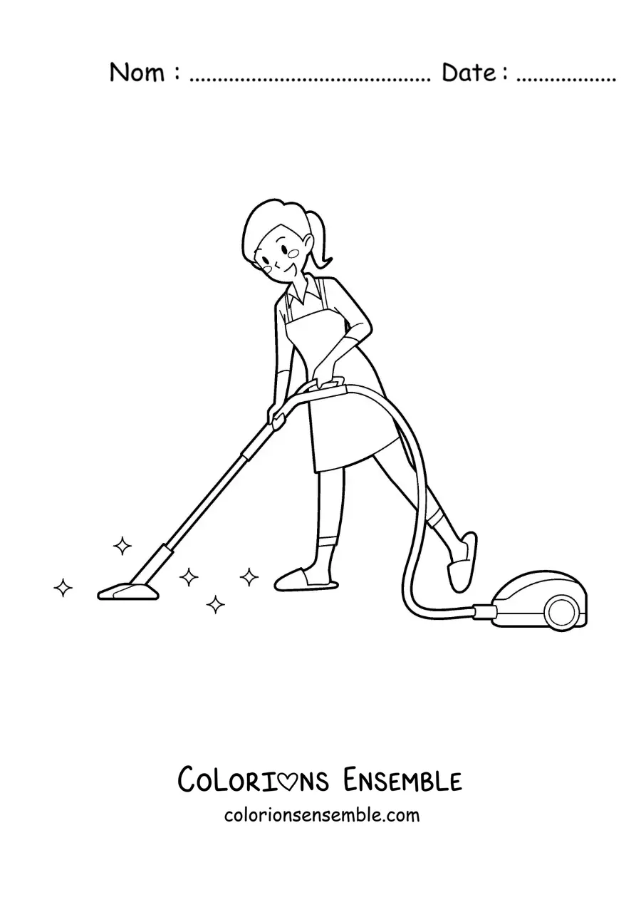 Image à colorier d'une femme au foyer nettoyant le sol avec l'aspirateur