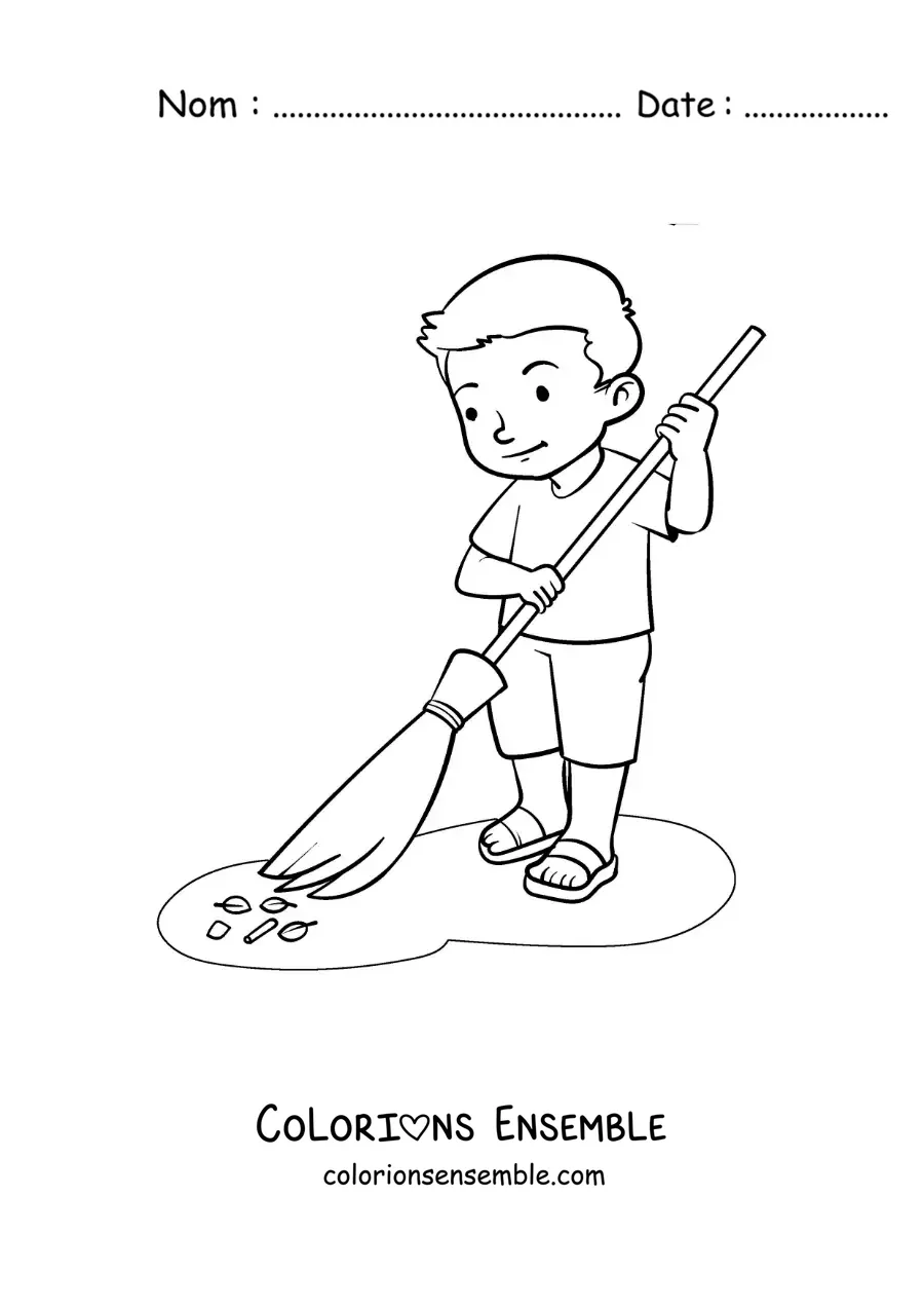 Image à colorier d'un garçon balayant la poussière à la maison