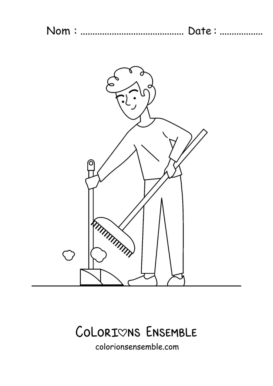 Image à colorier d'un garçon balayant la poussière à la maison avec une pelle