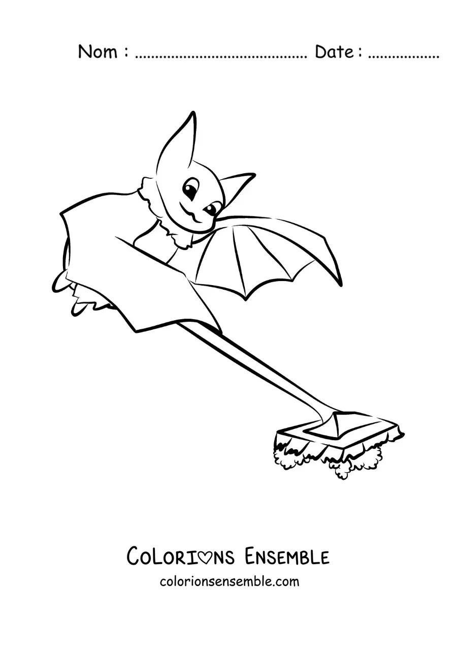 Image à colorier d'une chauve-souris animée lavant le sol à la serpillière