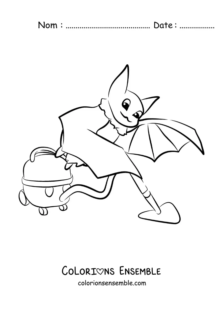 Image à colorier d'une chauve-souris animée passant l'aspirateur sur le sol
