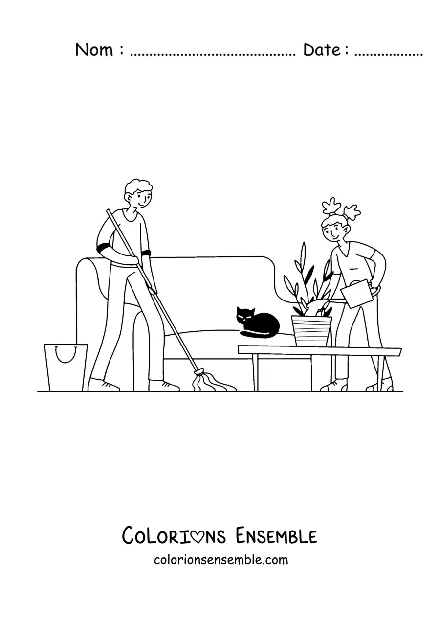 Image à colorier d'un couple faisant les tâches ménagères