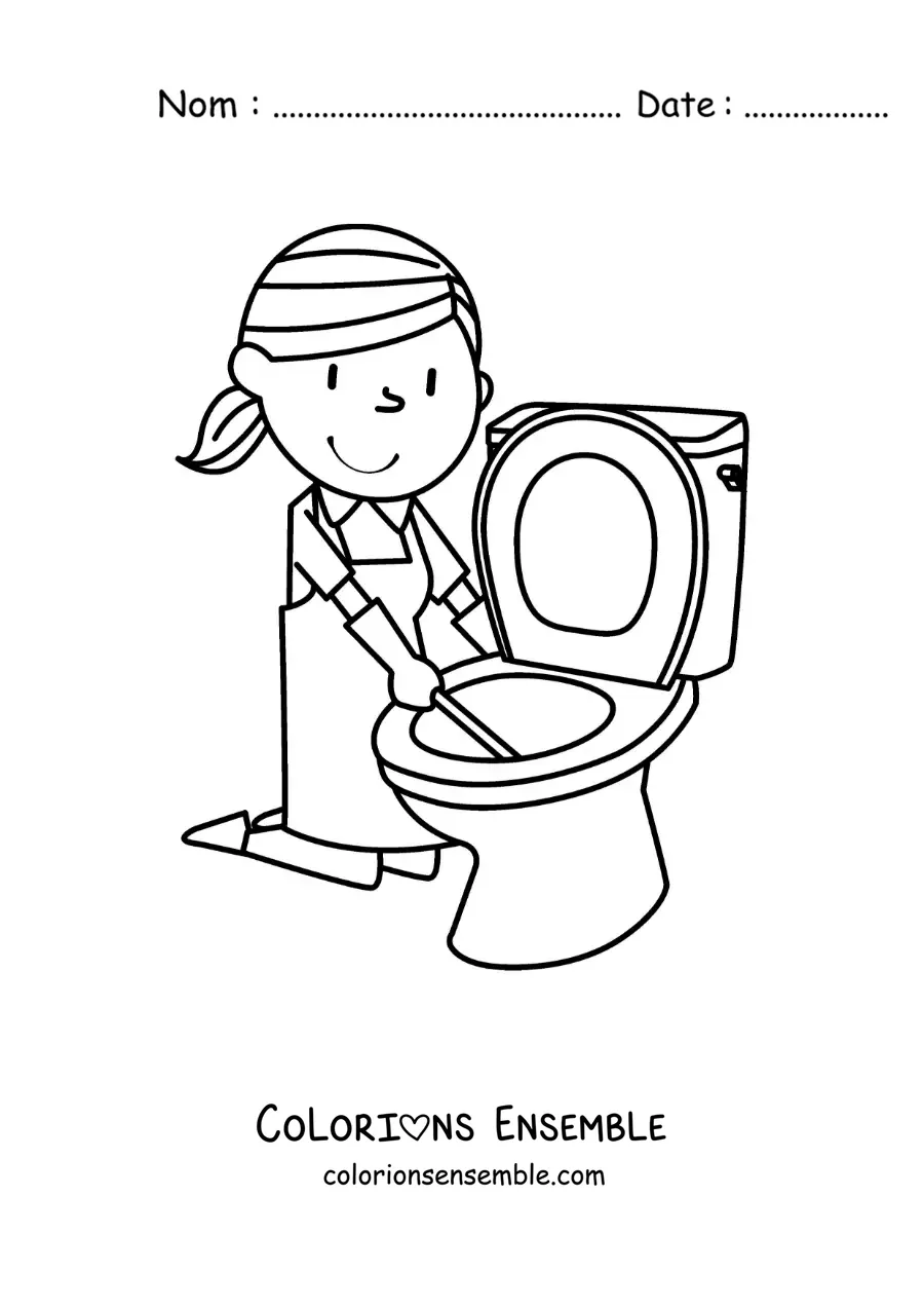 Image à colorier d'une femme animée nettoyant les toilettes