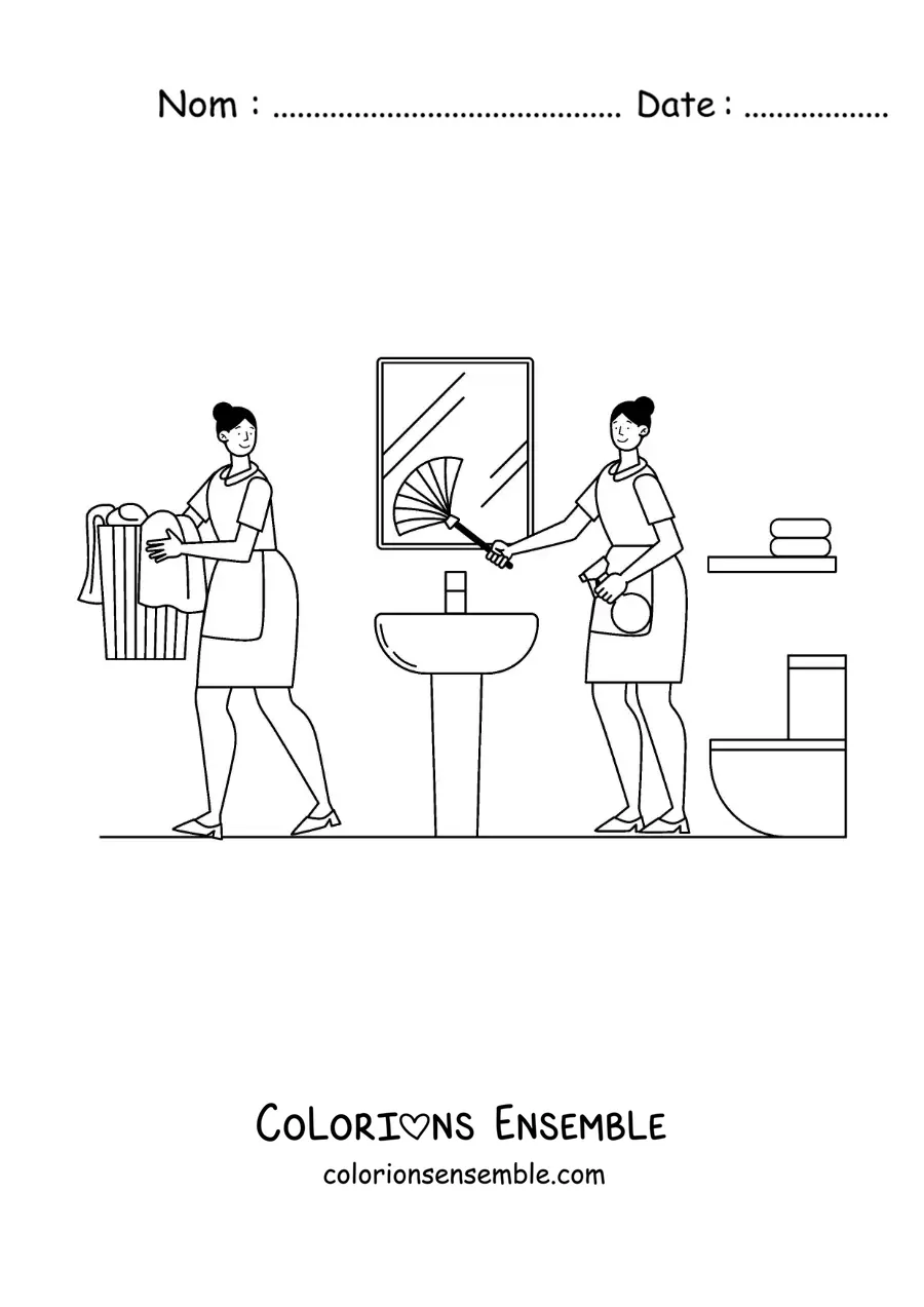 Image à colorier de deux filles nettoyant une salle de bain