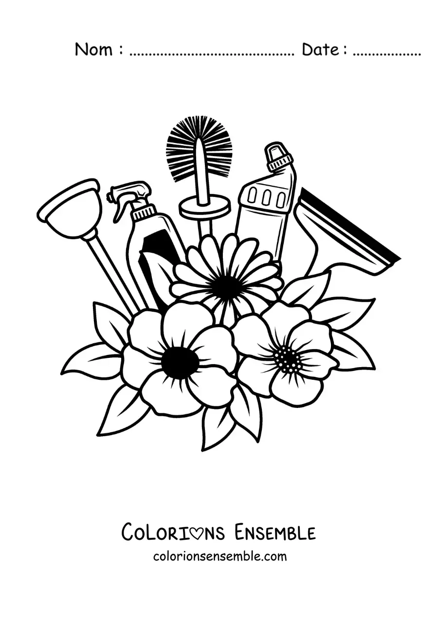 Image à colorier d'articles de nettoyage pour la salle de bain avec des fleurs