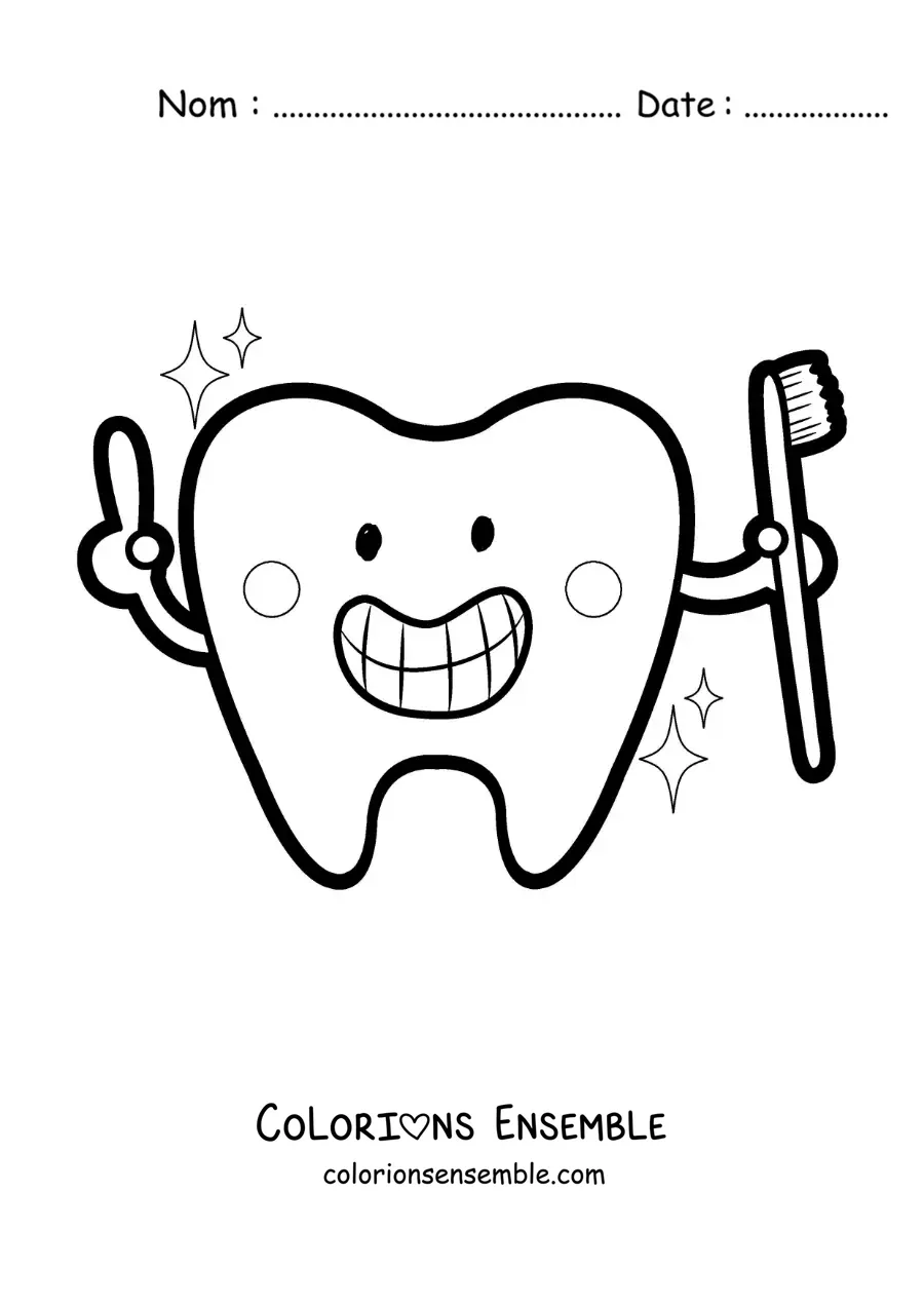 Image à colorier d'une dent animée kawaii avec une brosse à dents