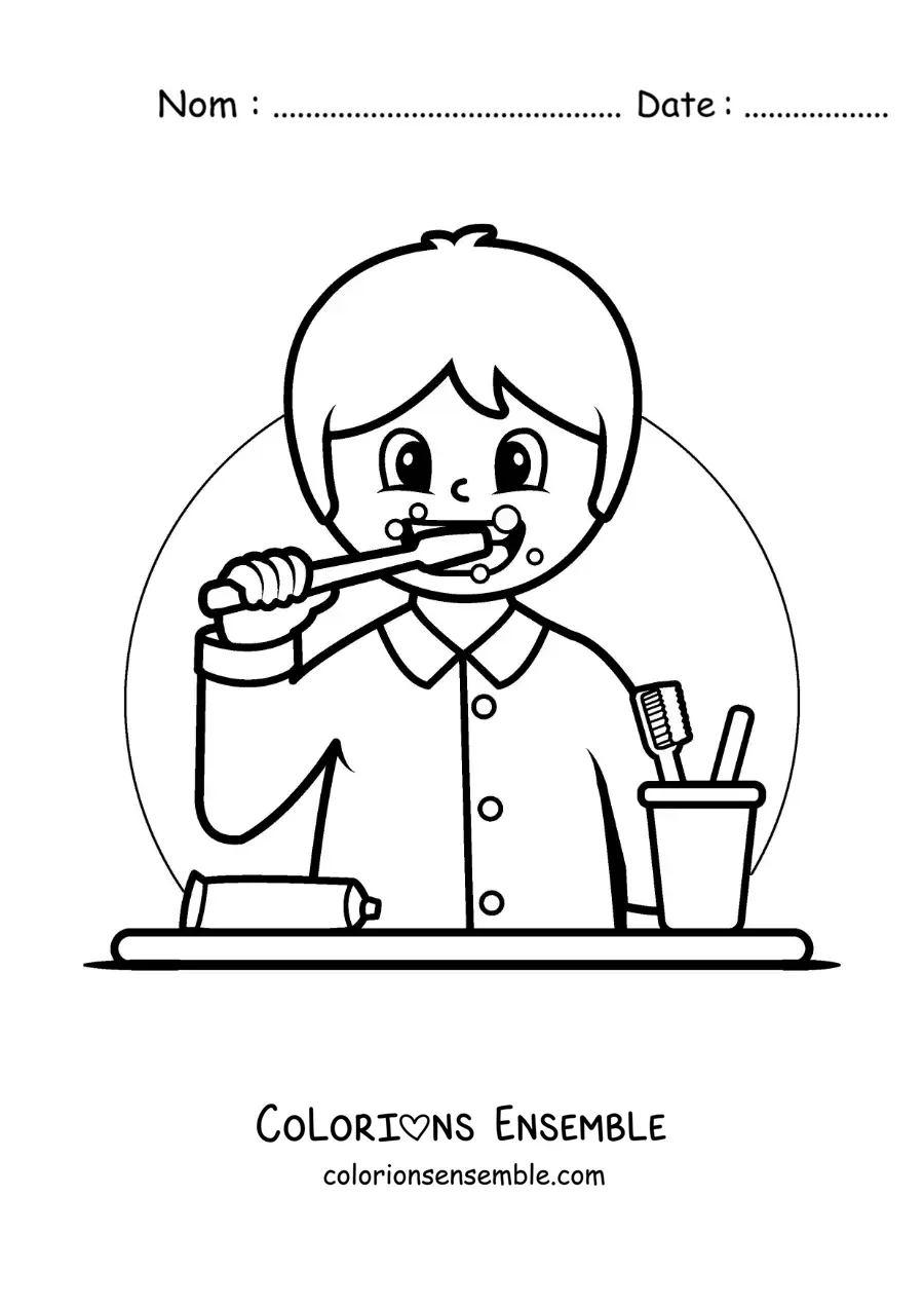 Image à colorier d'un garçon animé se brossant les dents