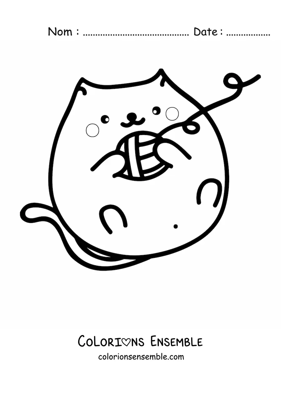 Image à colorier d’un chat kawaii allongé jouant avec une pelote de laine