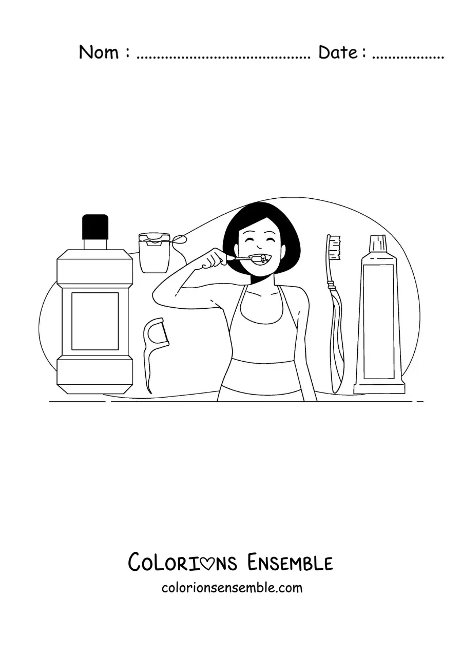 Image à colorier d'une fille se brossant les dents avec un bain de bouche et du fil dentaire