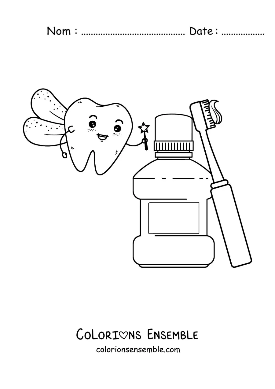 Image à colorier de la fée des dents à côté du dentifrice et du bain de bouche