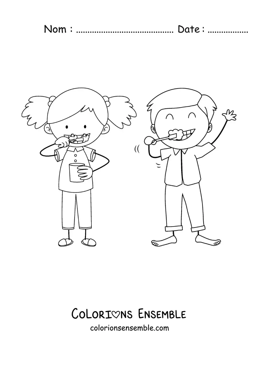 Image à colorier d'un dessin de deux enfants se brossant les dents