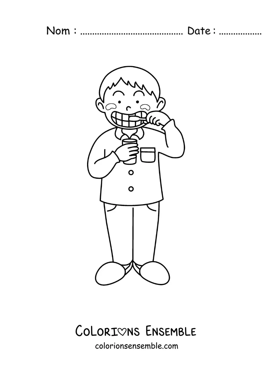 Image à colorier d'un garçon se brossant les dents avant de dormir