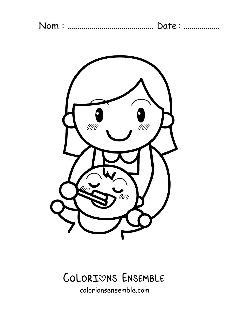 Image à colorier d'une mère brossant les dents de son bébé