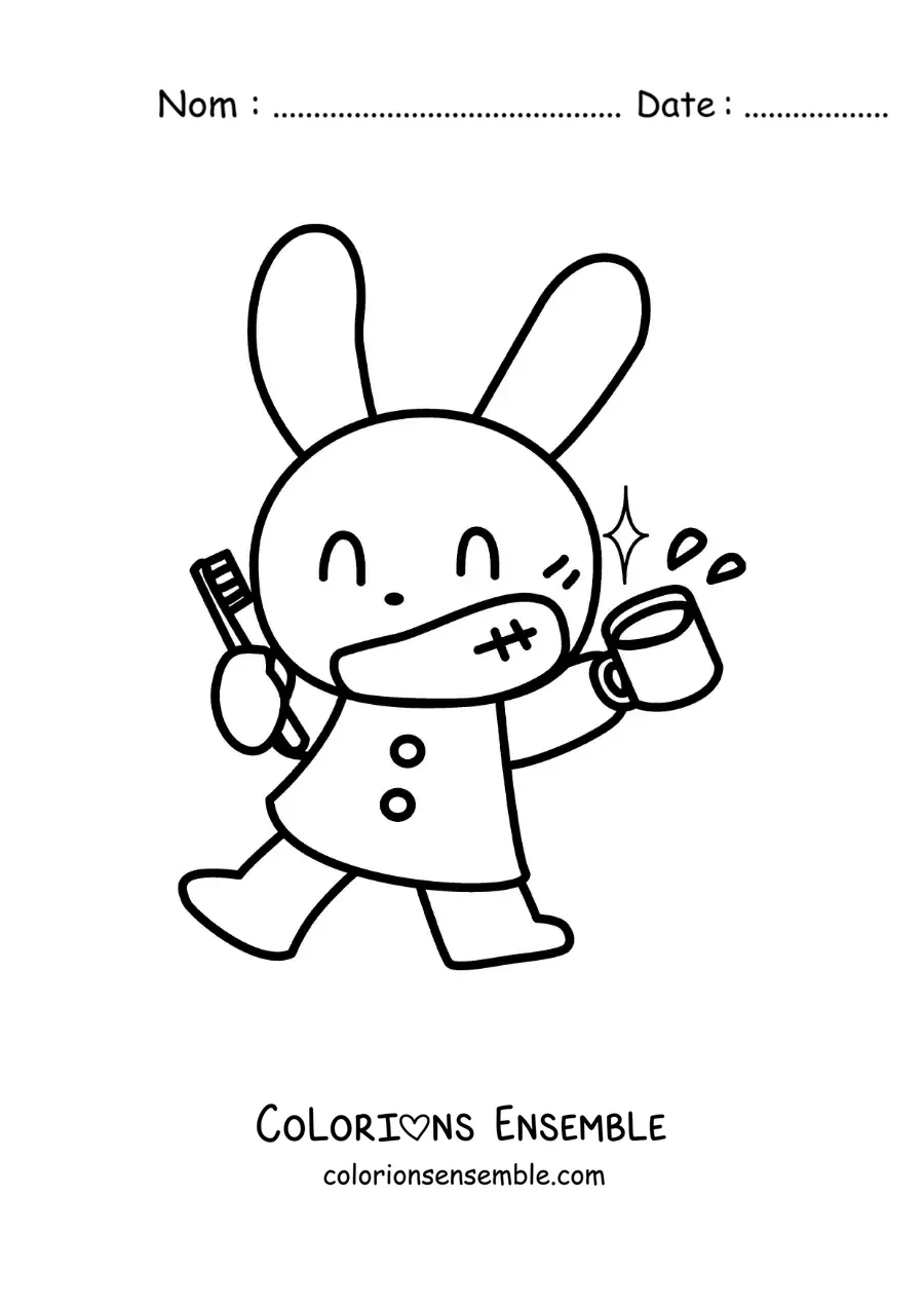 Image à colorier d'un lapin kawaii se brossant les dents