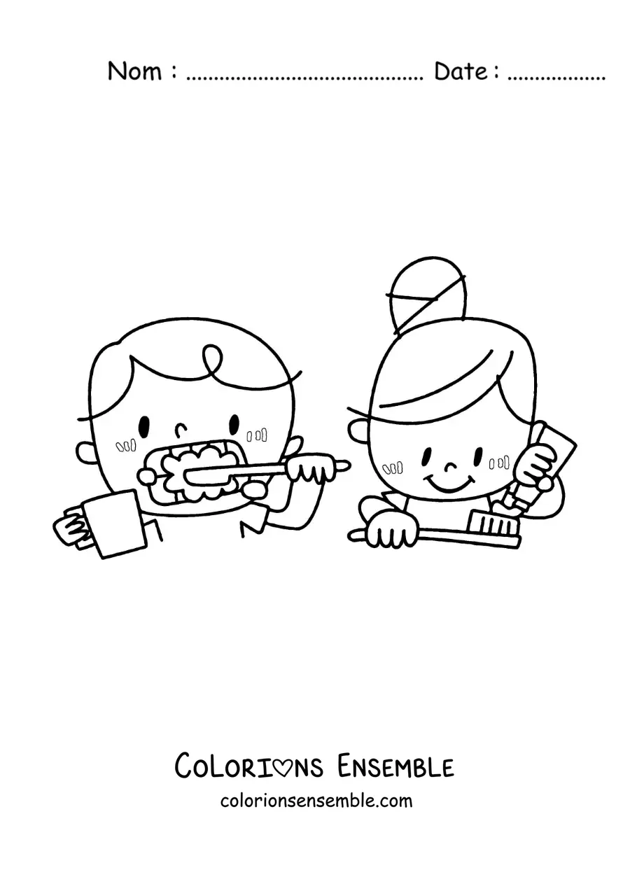 Image à colorier d'une fille et d'un garçon se brossant les dents