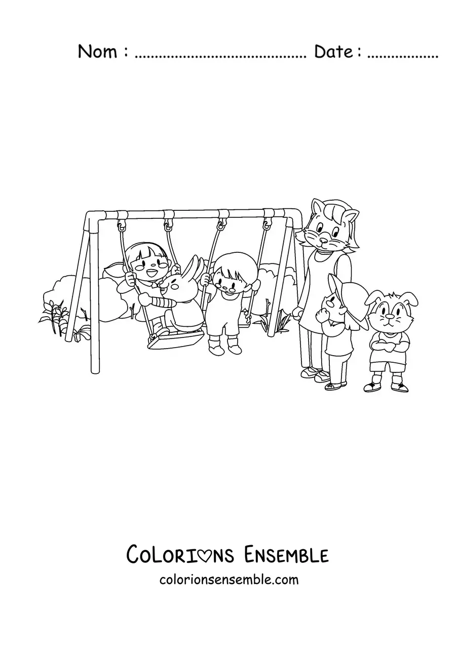 Image à colorier de plusieurs enfants qui jouent dans le parc avec des lapins animés