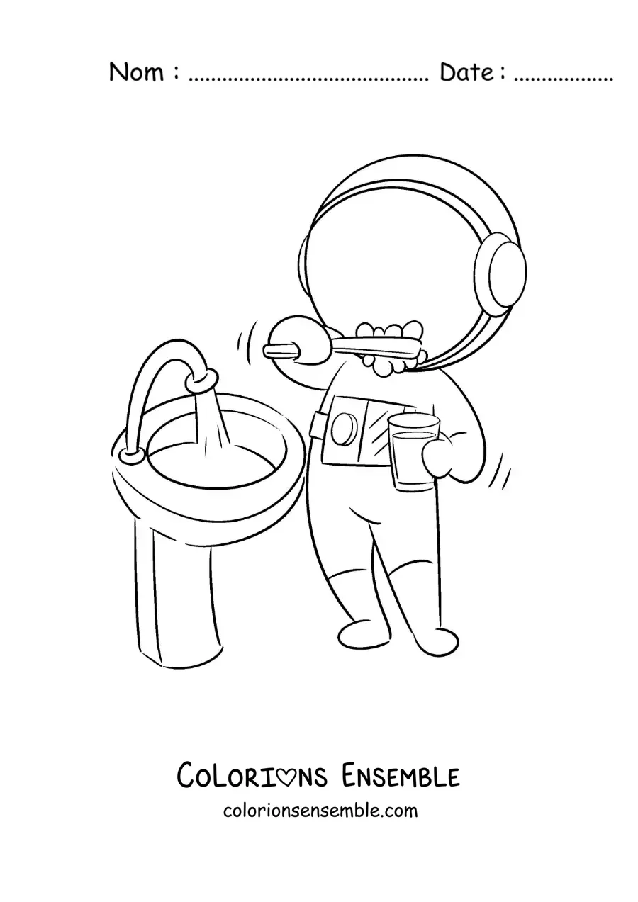Image à colorier d'un astronaute animé se brossant les dents