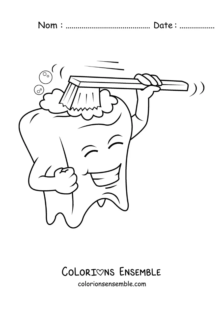 Image à colorier d'un dessin d'une dent animée se brossant
