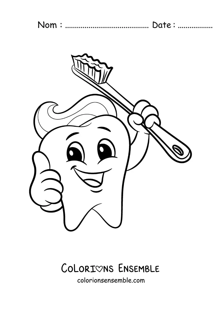 Image à colorier d'un dessin d'une dent animée avec une brosse à dents