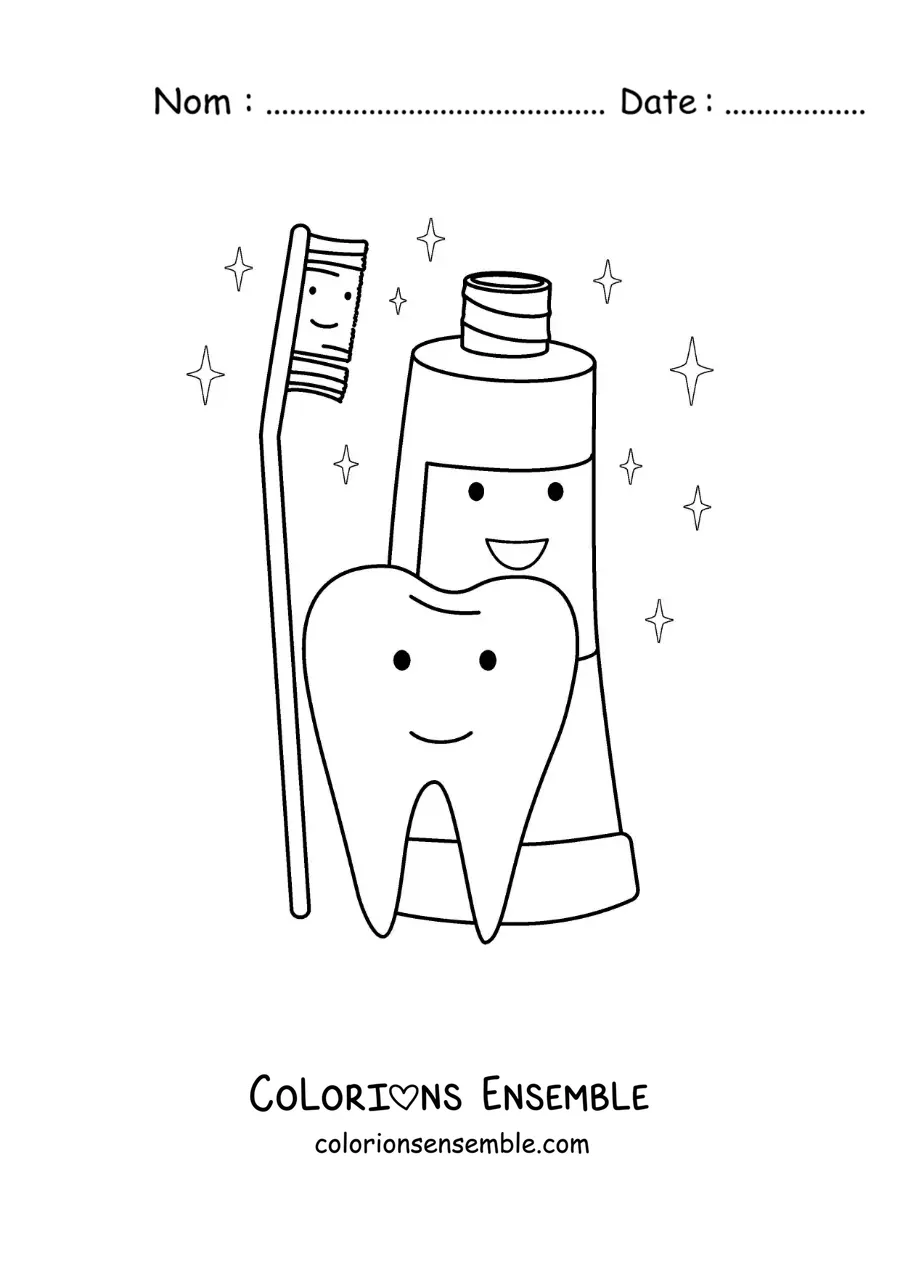 Image à colorier d'une dent animée à côté d'un tube de dentifrice et d'une brosse