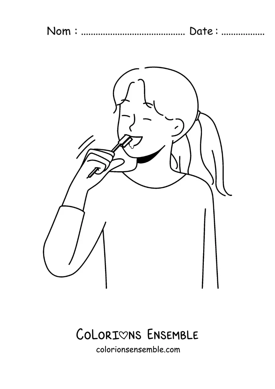 Image à colorier d'une fille se brossant les dents