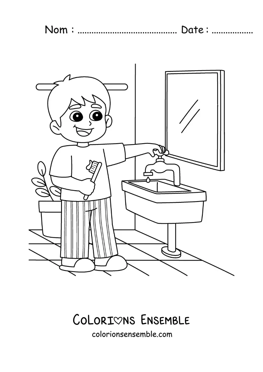 Image à colorier d'un garçon se brossant les dents dans la salle de bain