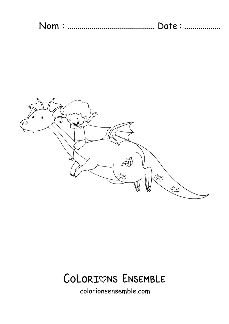 Image à colorier d'un garçon sur un dragon animé