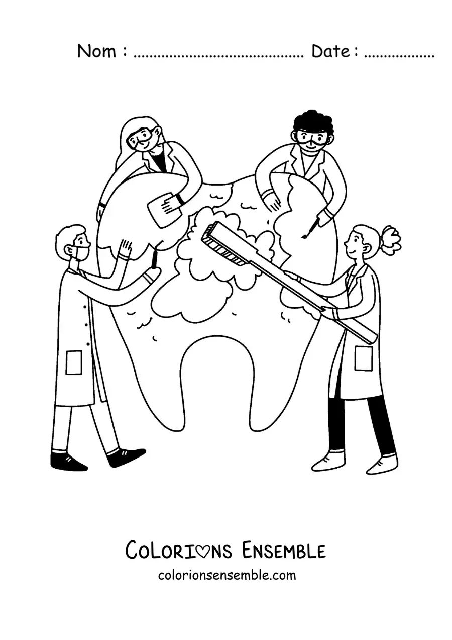 Image à colorier d'un groupe de dentistes brossant une dent géante