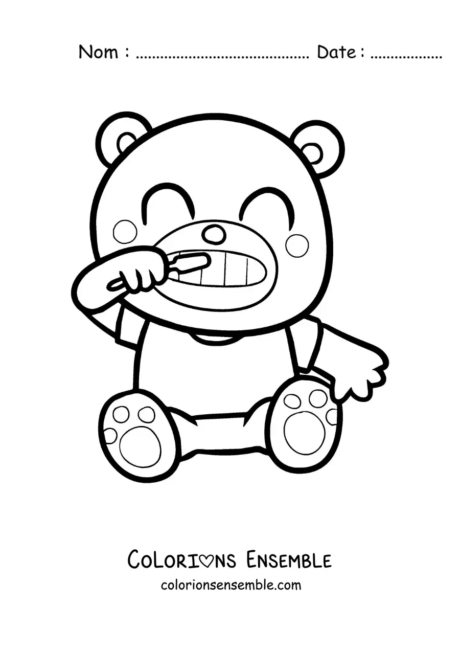 Image à colorier d'un petit ours kawaii se brossant les dents
