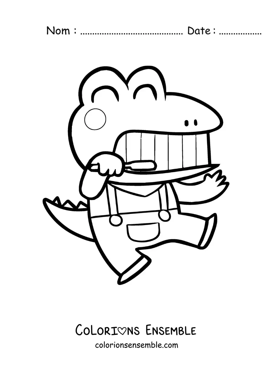 Image à colorier d'un crocodile animé kawaii se brossant les dents