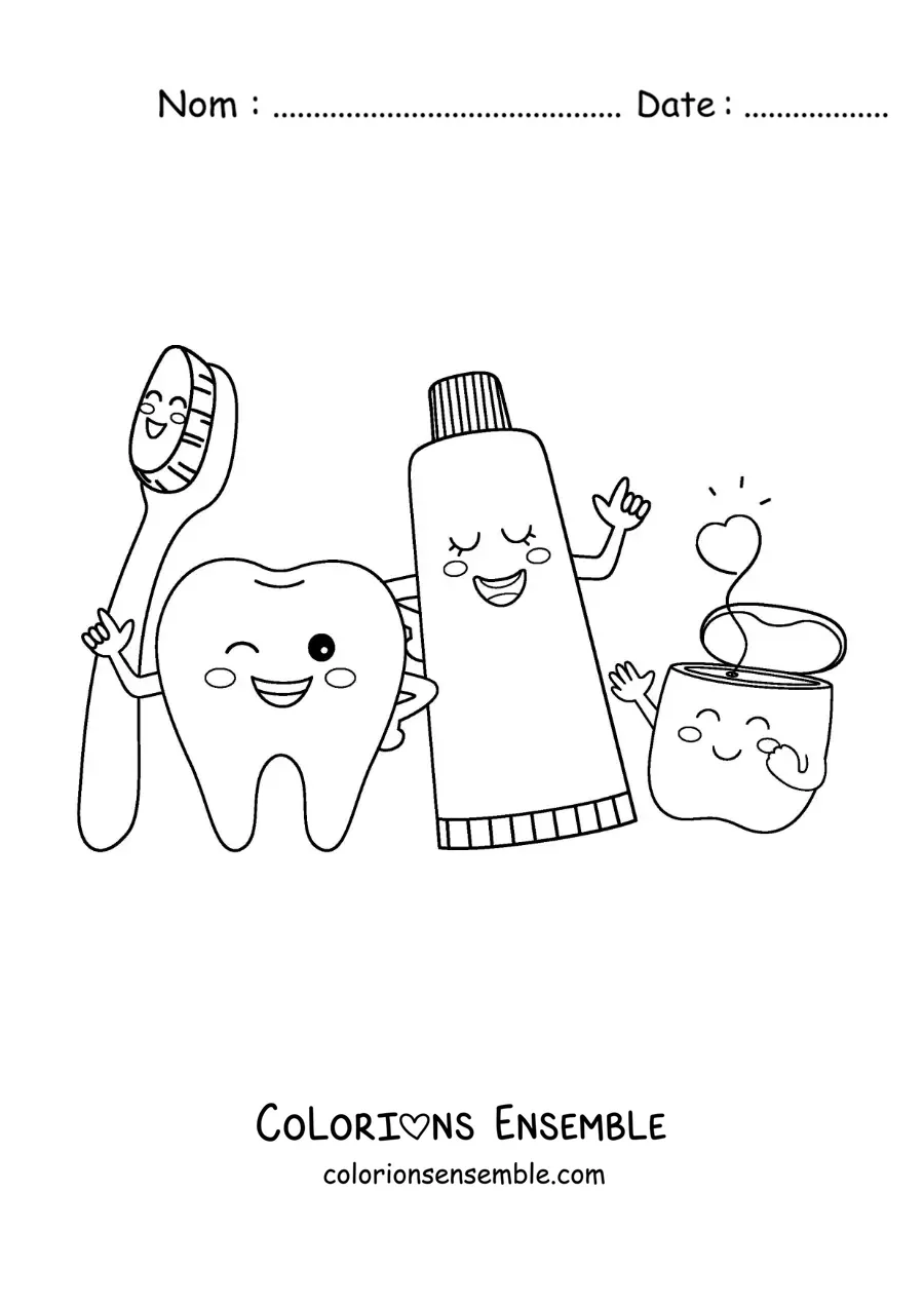 Image à colorier d'articles d'hygiène dentaire kawaii animés